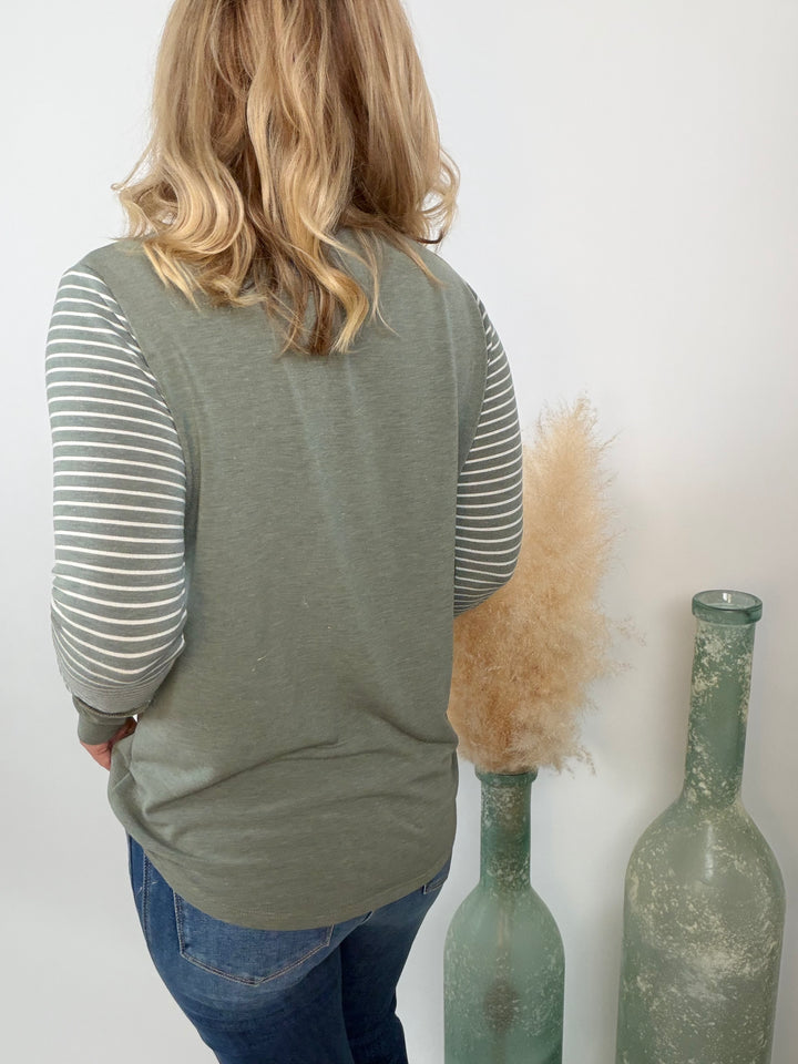 Everyday Favorite Striped Sleeve Henley Top Sage Green