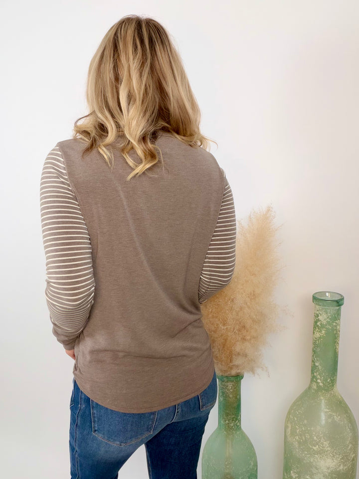 Everyday Favorite Striped Sleeve Henley Top Taupe