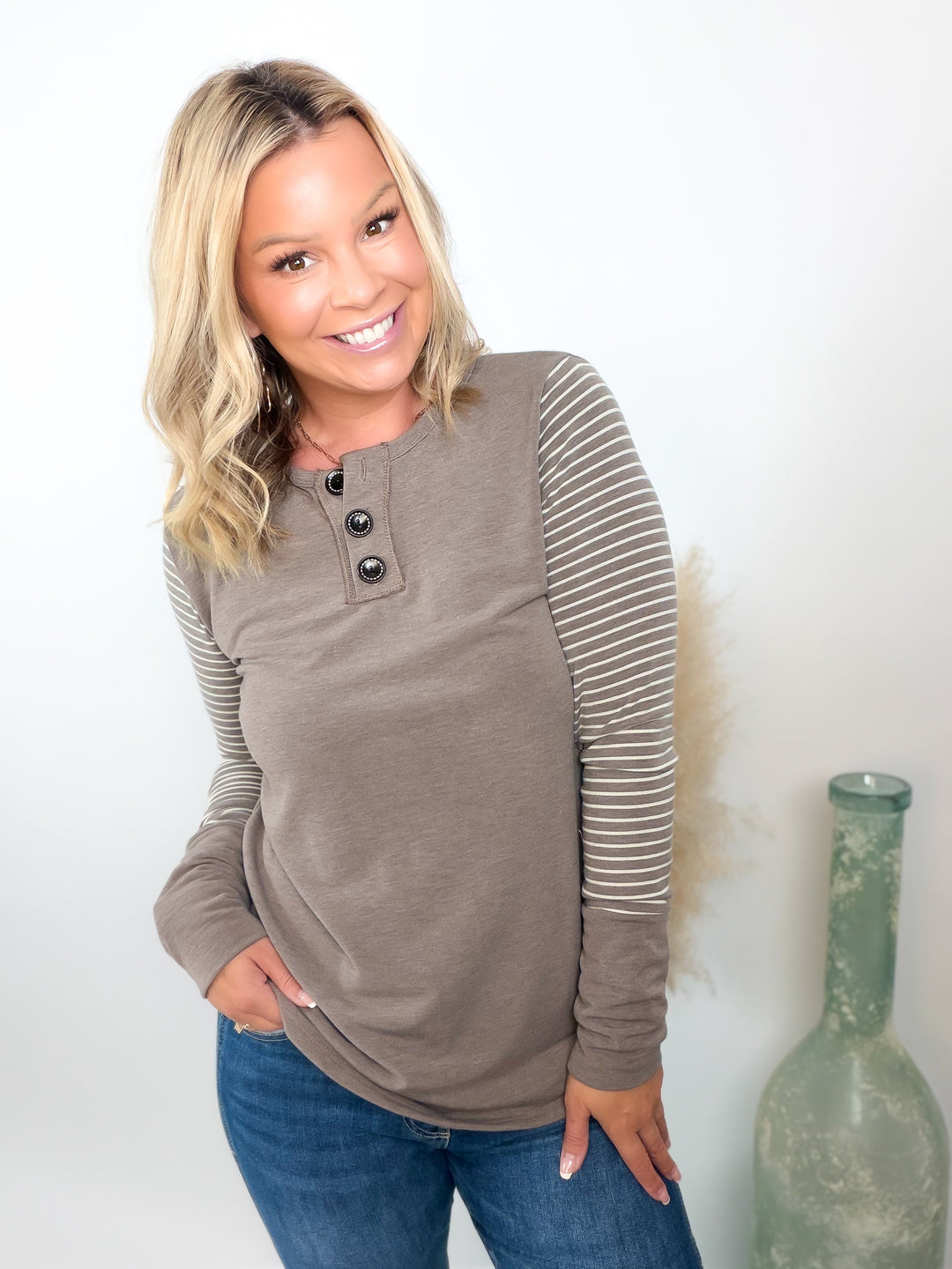 Everyday Favorite Striped Sleeve Henley Top Taupe