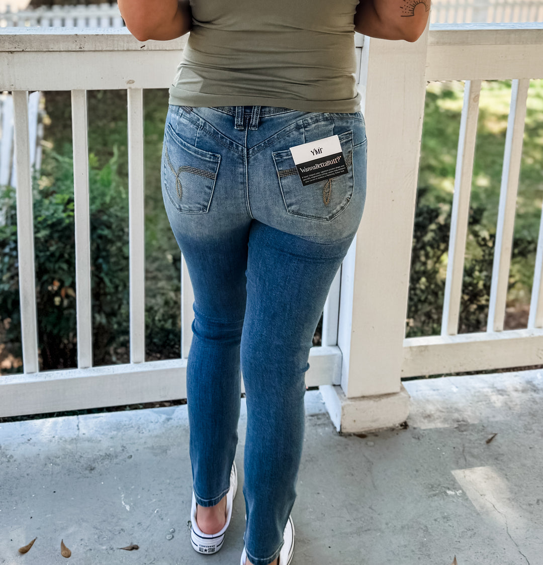 Wanna Betta Butt Mid Rise Embroidered Skinny Jeans by YMI *Door Buster*