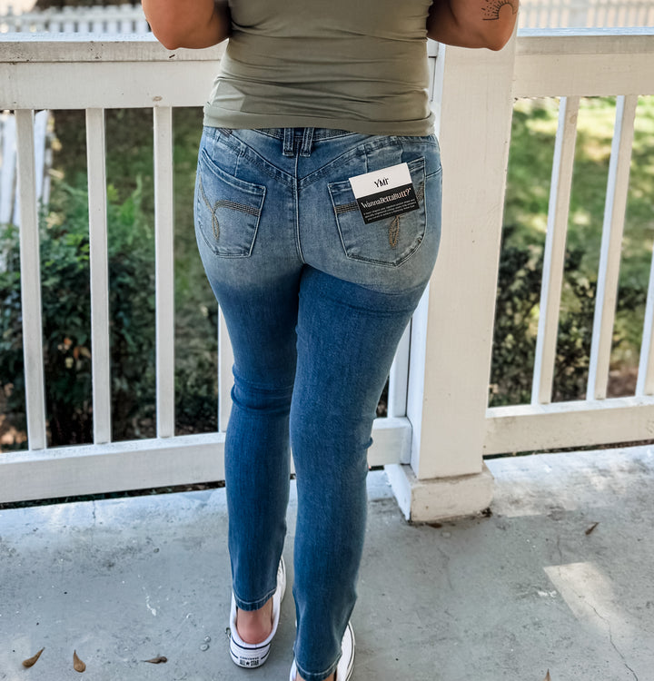 Wanna Betta Butt Mid Rise Embroidered Skinny Jeans by YMI *Door Buster*
