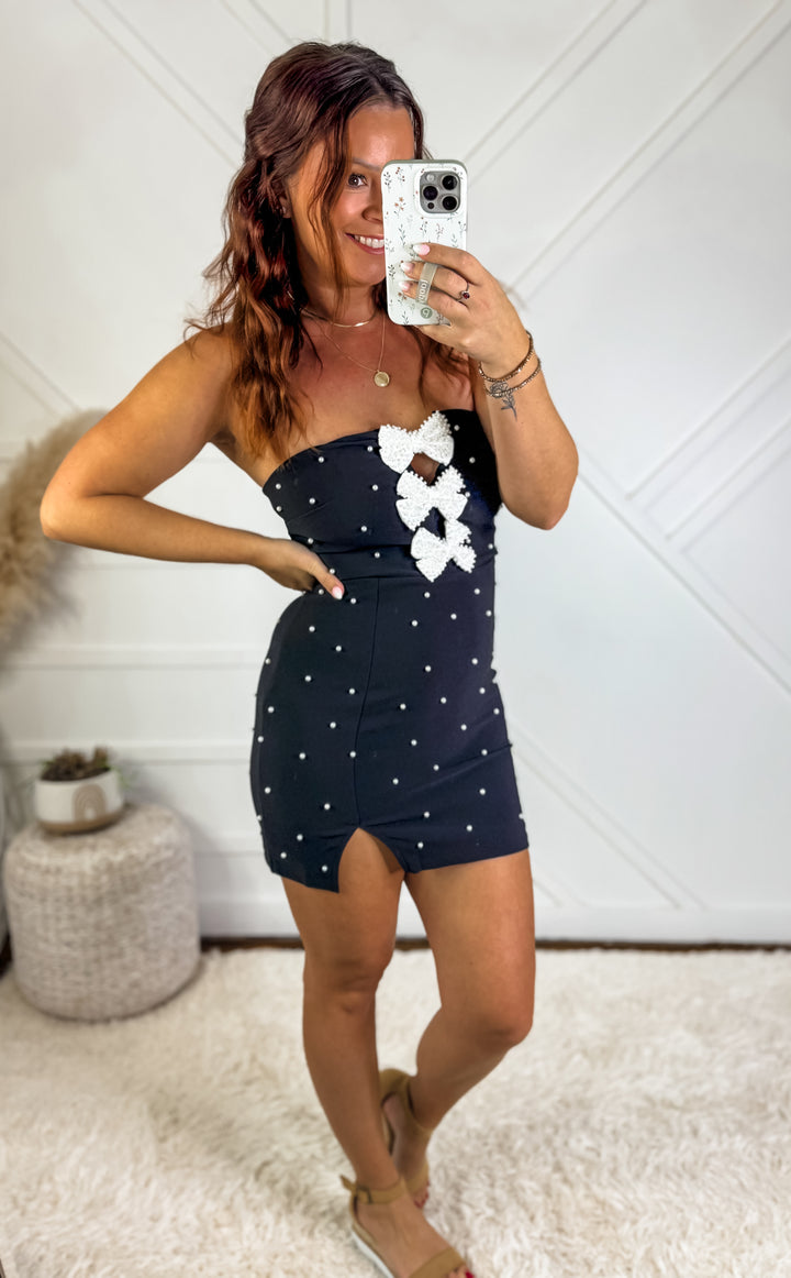 Holly Tube Mini Dress With Ribbon And Pearl Trim Detail