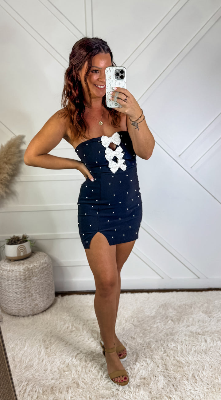 Holly Tube Mini Dress With Ribbon And Pearl Trim Detail