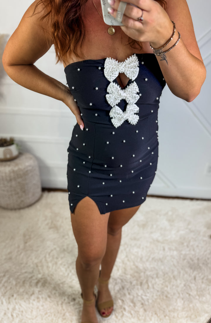 Holly Tube Mini Dress With Ribbon And Pearl Trim Detail