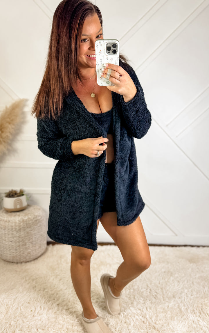 Cozy Fleece 3 Piece Cardigan Pajama Set Black *Door Buster*
