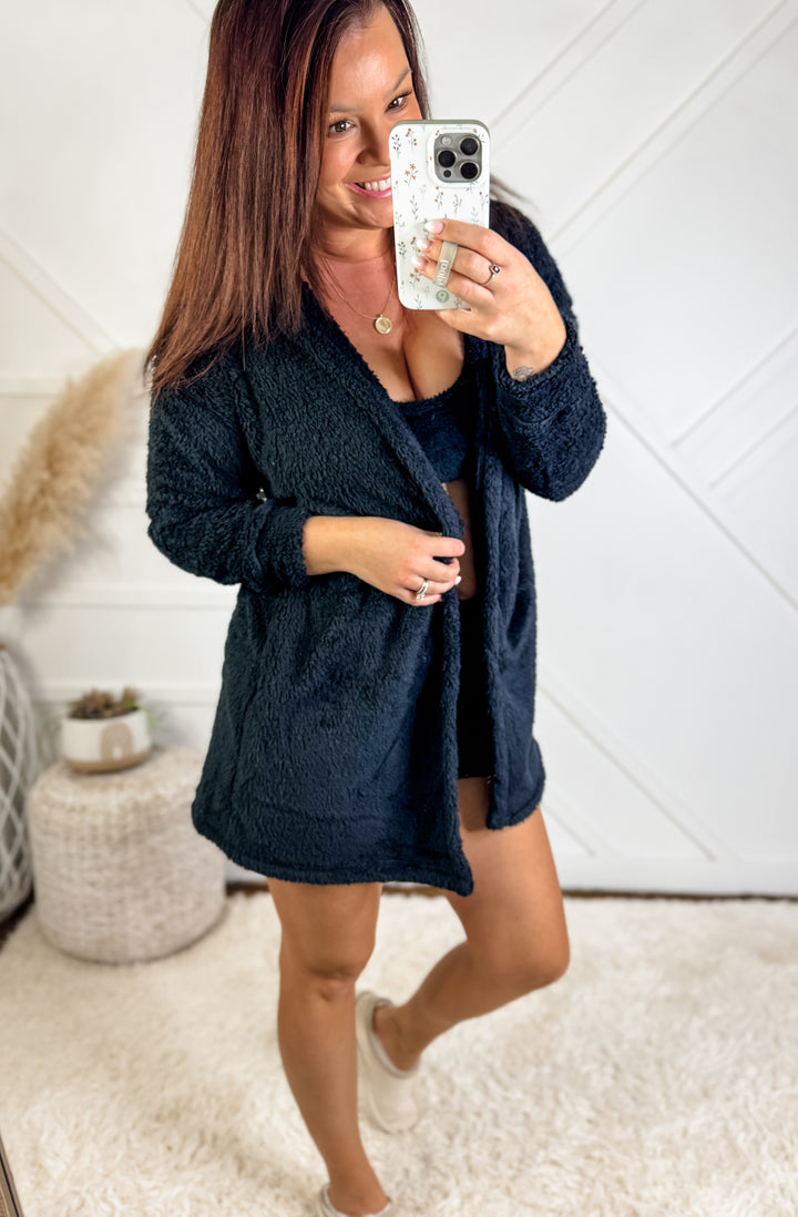 Cozy Fleece 3 Piece Cardigan Pajama Set Black *Door Buster*