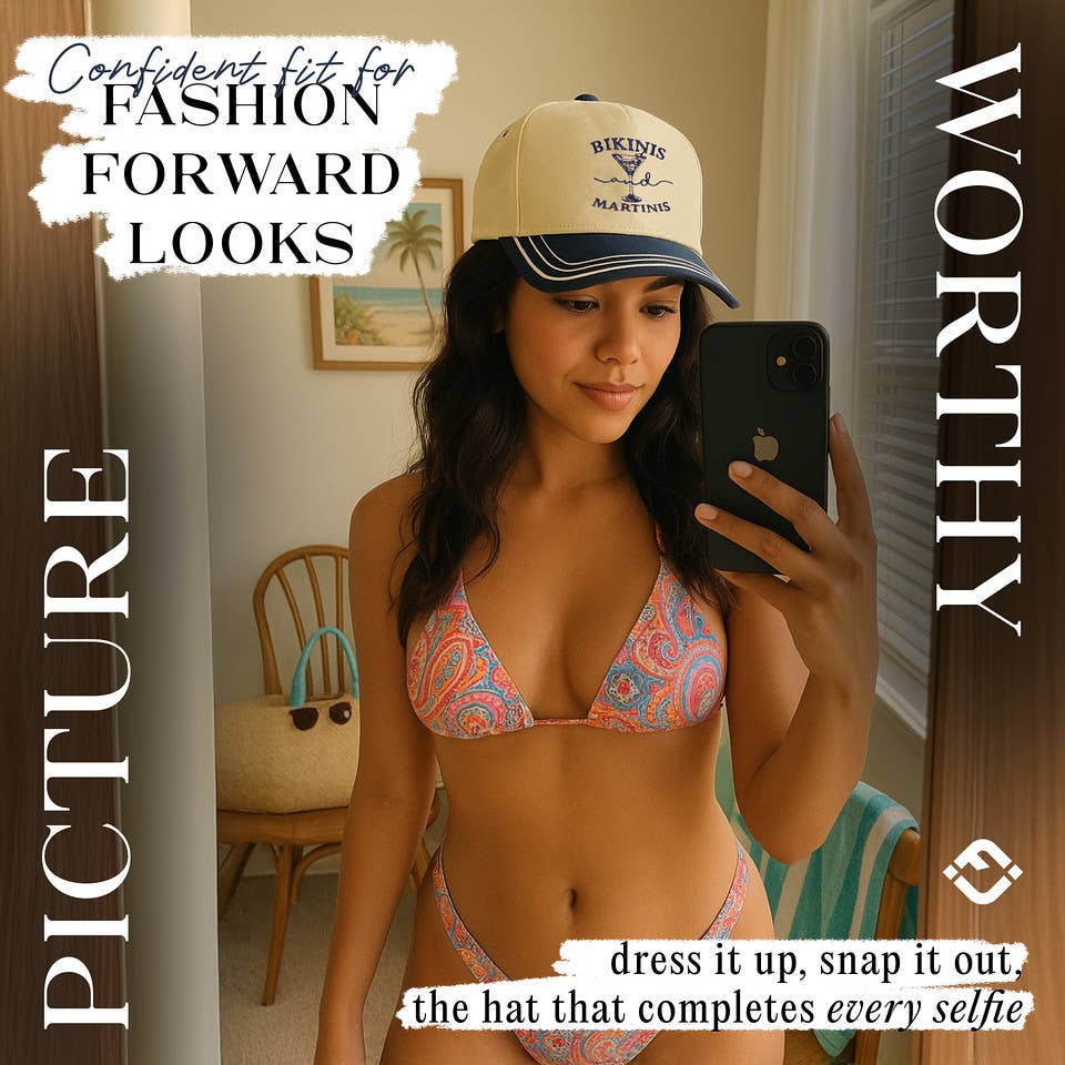 Embroidered Brim Trucker Hat - Bikinis and Martinis - Navy