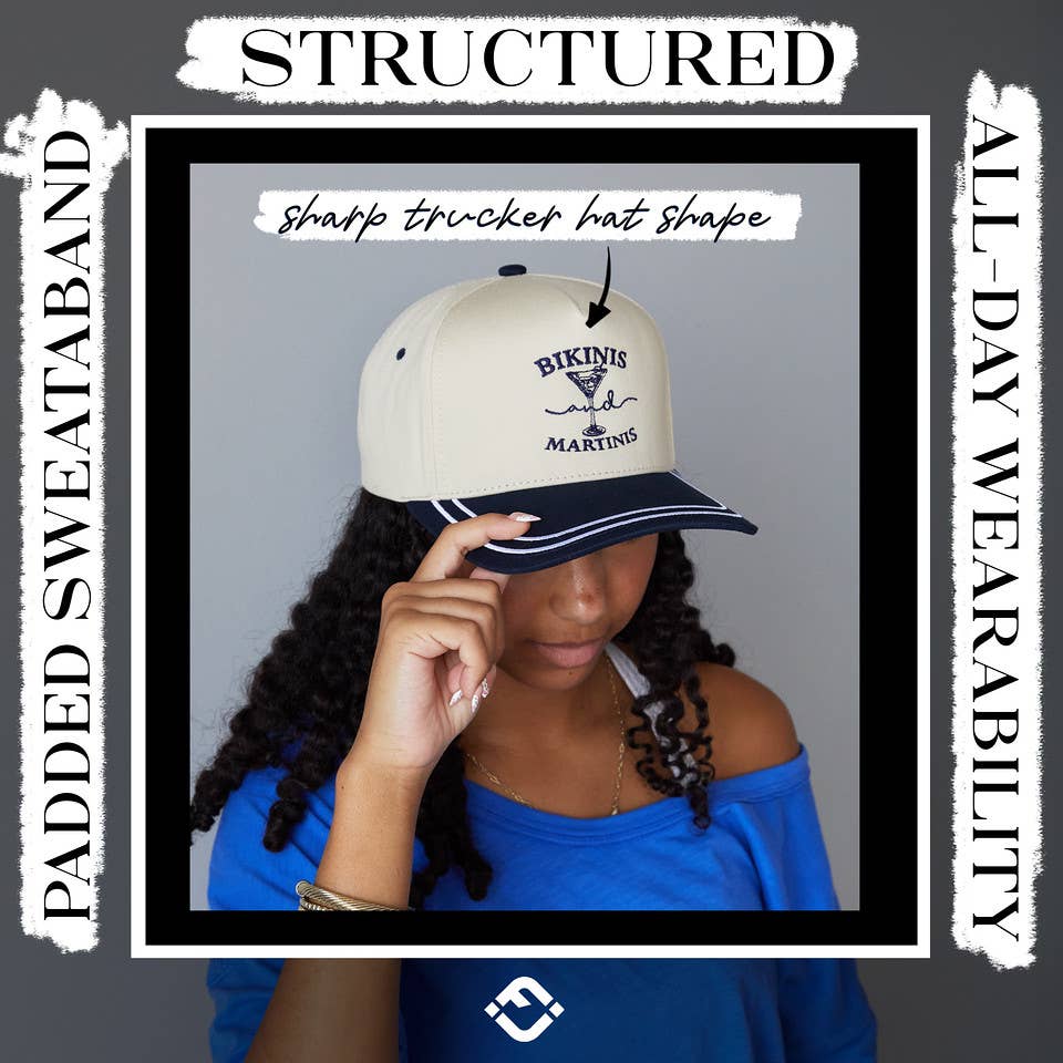 Embroidered Brim Trucker Hat - Bikinis and Martinis - Navy