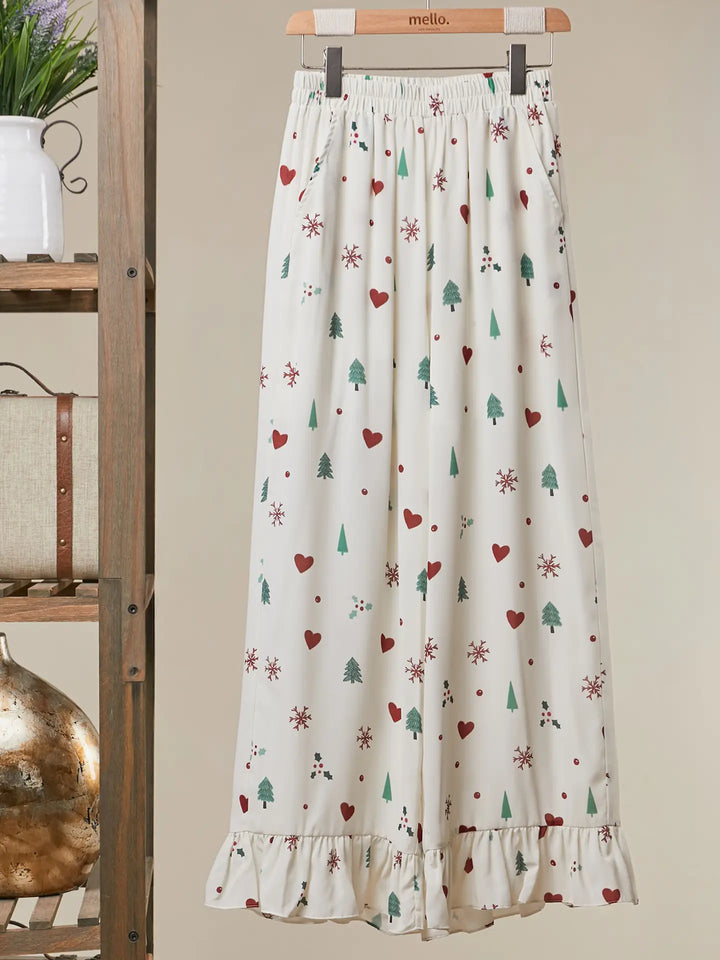 Sugarplum Christmas Ruffle Pants Cream Christmas Tree