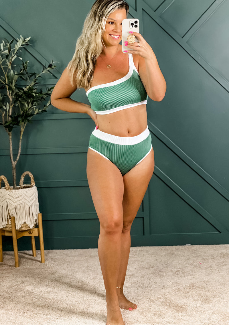 Sea Green Ribbed One Shoulder Bikini